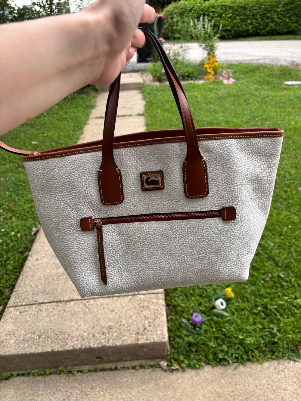 Dooney & Bourke White Pebbled Leather Tote with Brown Trim and Handles